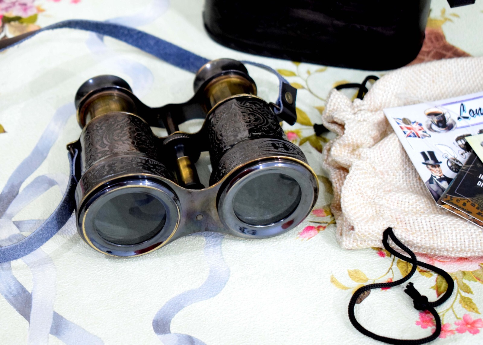 Victorian Handcrafted Brass Binoculars w/Floral Leather Case Glass – London 1857