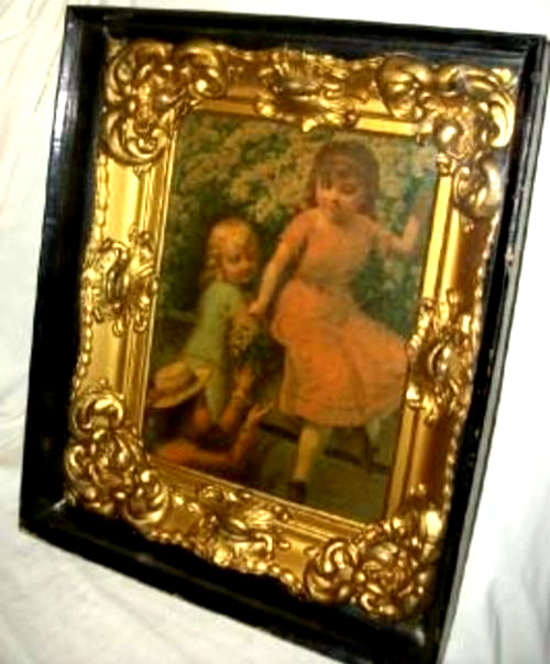 Victorian Shadowbox Lithograph Children 1880s Belle Epoque Gilt Gesso Wavy Glass
