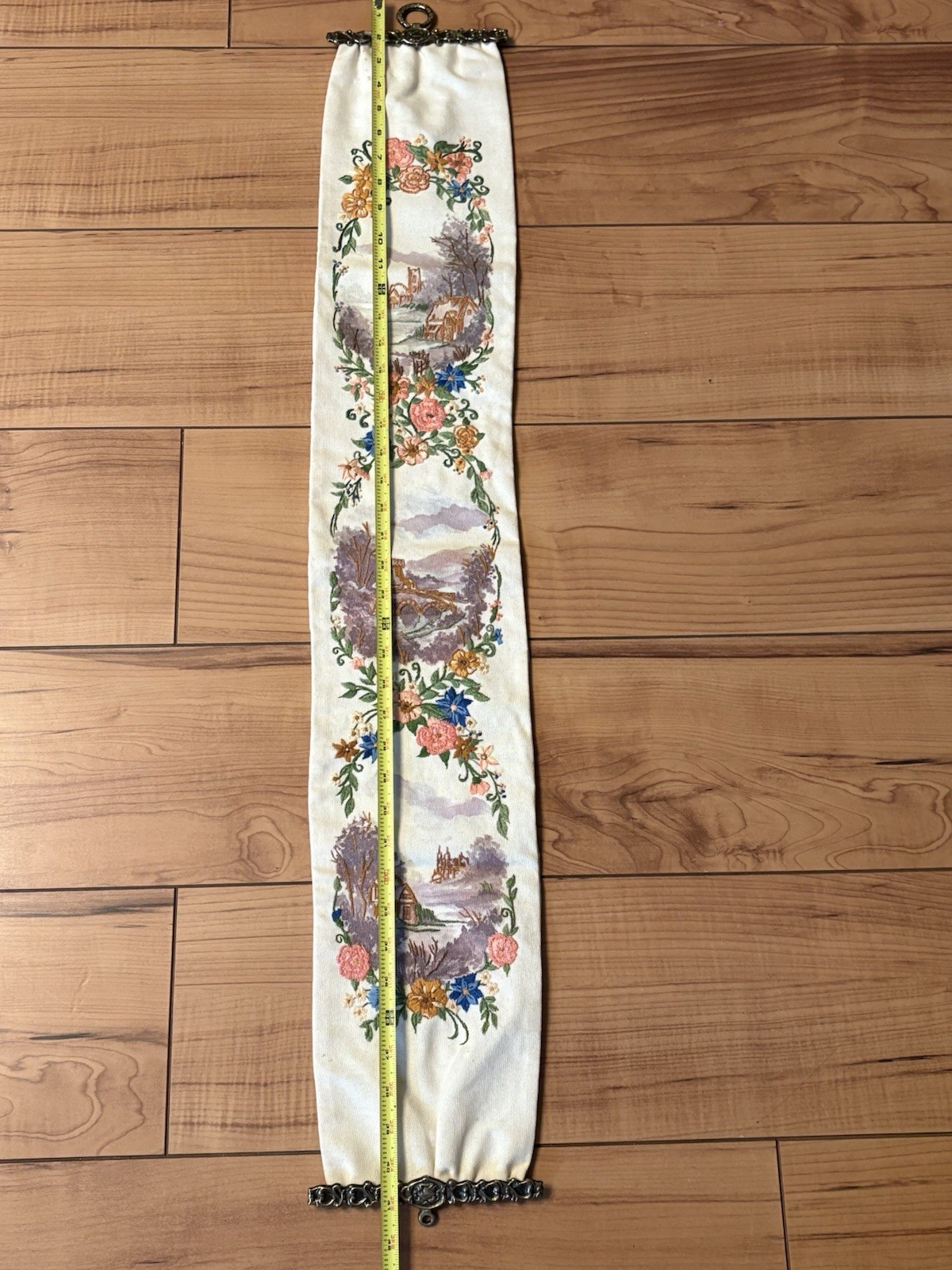 VTG Needlepoint Tapestry Bell Pull Wall Decor Ornate Brass Hardware Unbranded