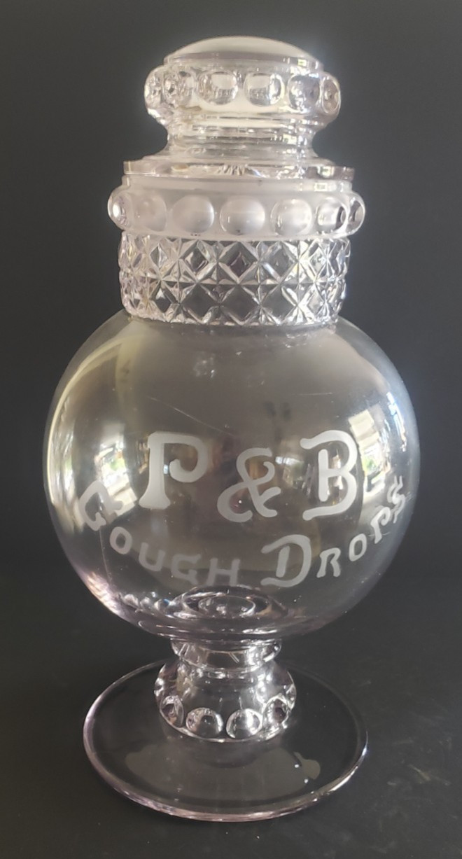 Antique Sun Purple Manganese – P & B Cough Drops Apothecary Jar – Tiffin EAPG