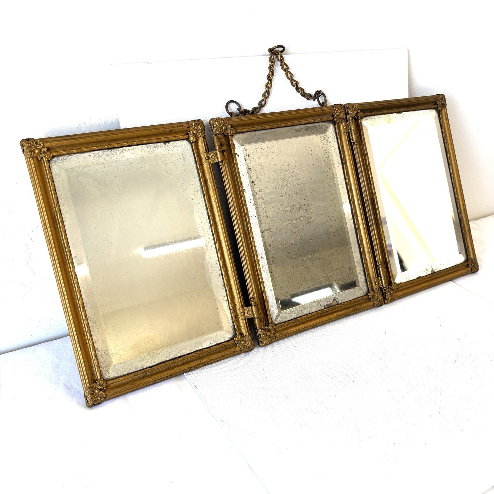 Mirror: Antique Victorian Beveled Tri-Fold Hanging Brass Indian Floral Wall Art