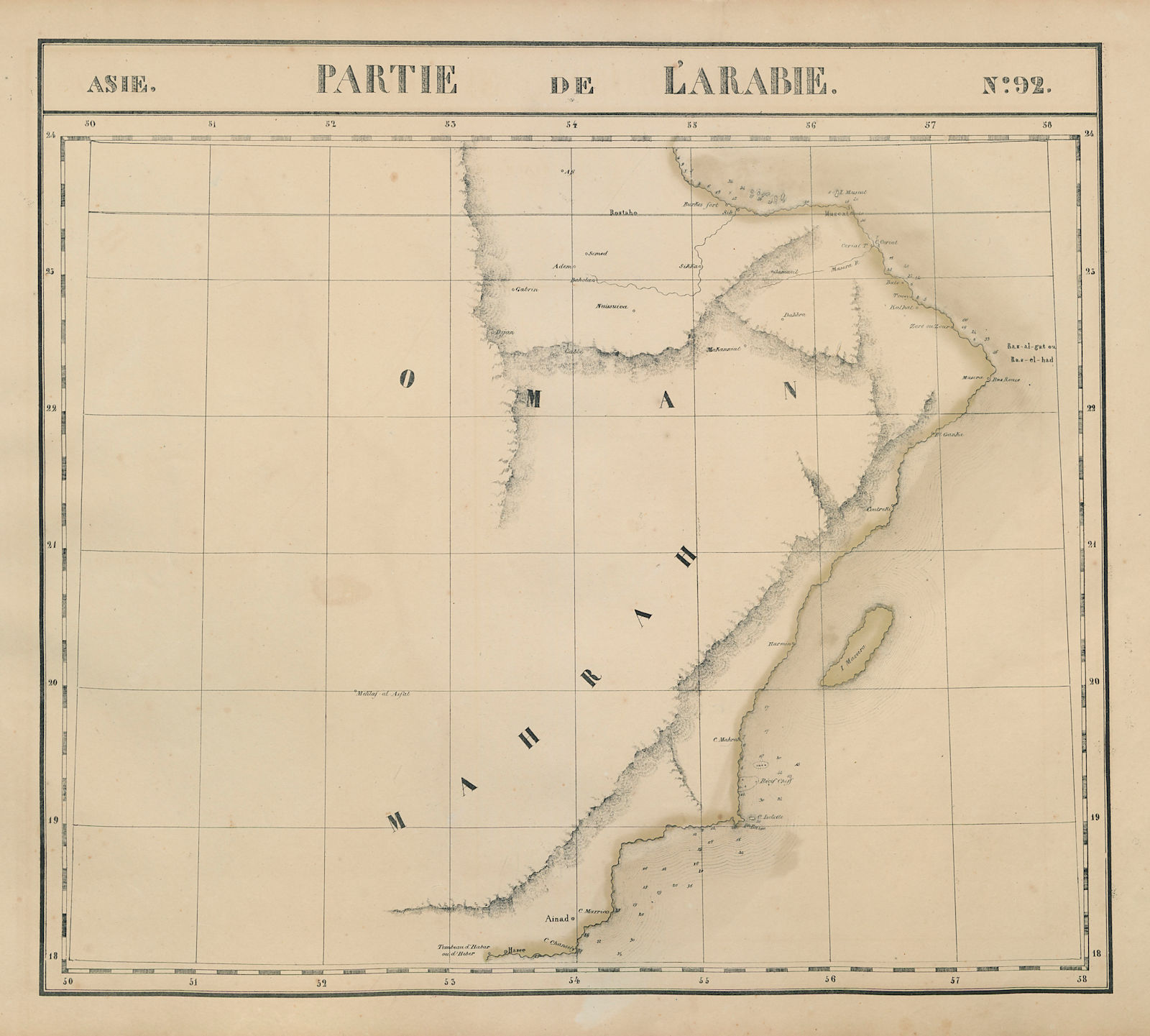Asie. Partie de l’Arabie #92 Oman & SE Saudi Arabia VANDERMAELEN 1827 old map