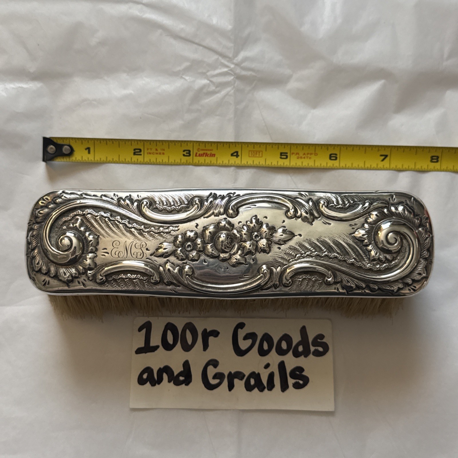 Antique Sterling Silver Clothes Brush Star F Star Hallmark Ornate Floral 7” 115g