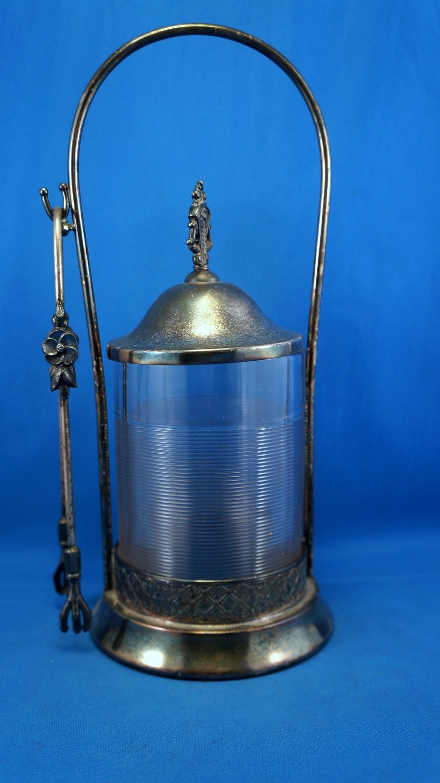 J.W. Tufts Glass Pickle Castor Silver Triple Plated With Tongs #3603 Vintage
