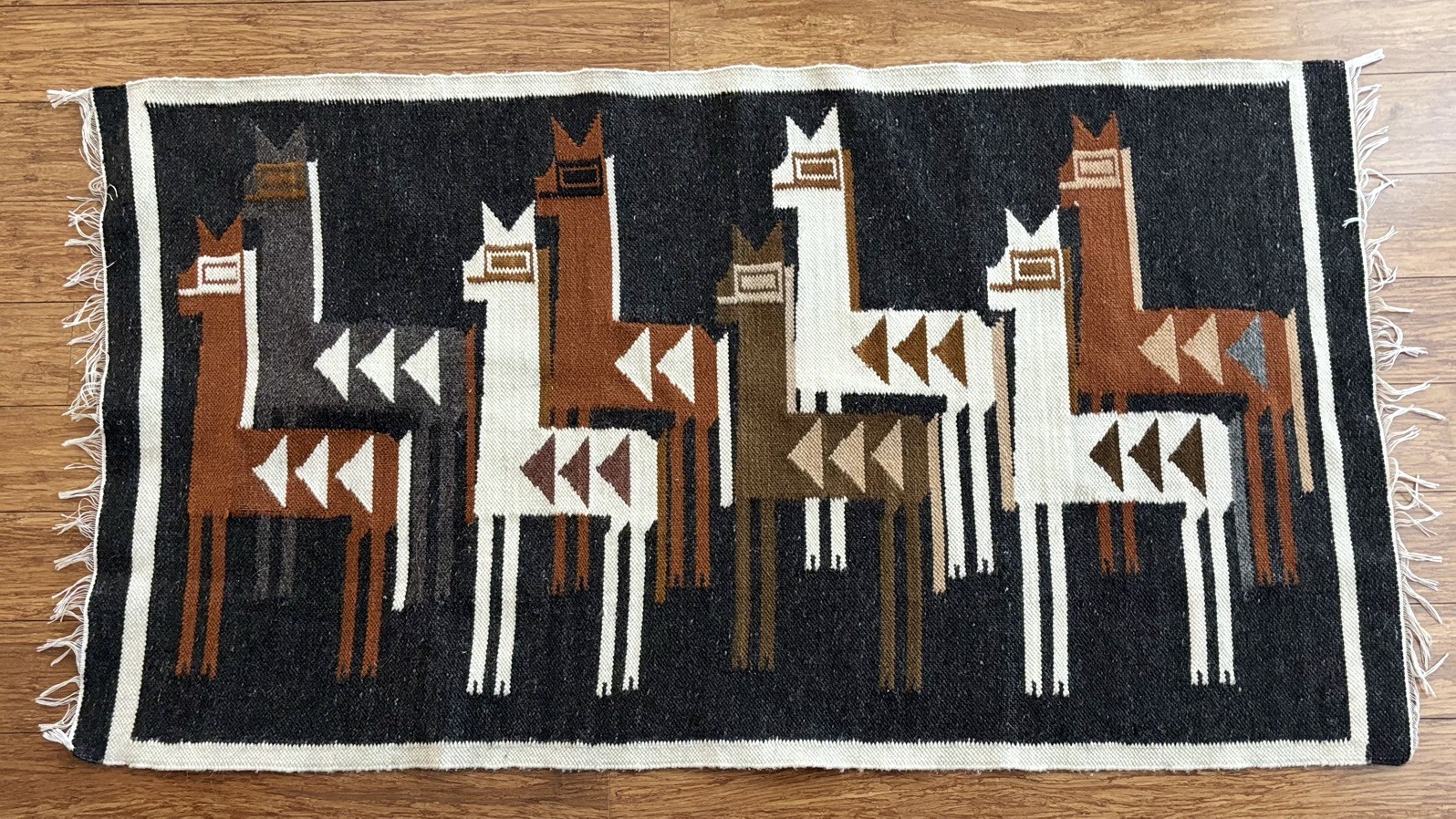 Vintage Peruvian Alpaca Wool Pictorial Wall Rug Handmade Artisan 45″h x 25″w