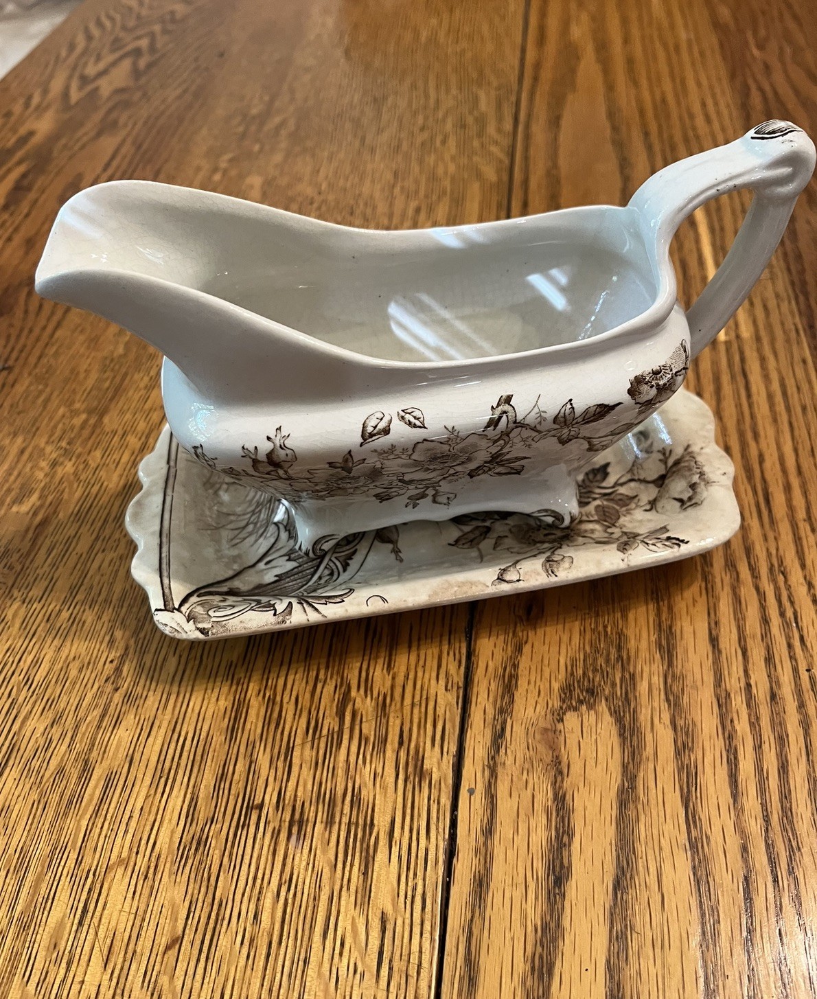 Antique Ironstone Brown and White Transferware Ashworth Brothers Gravy Boat