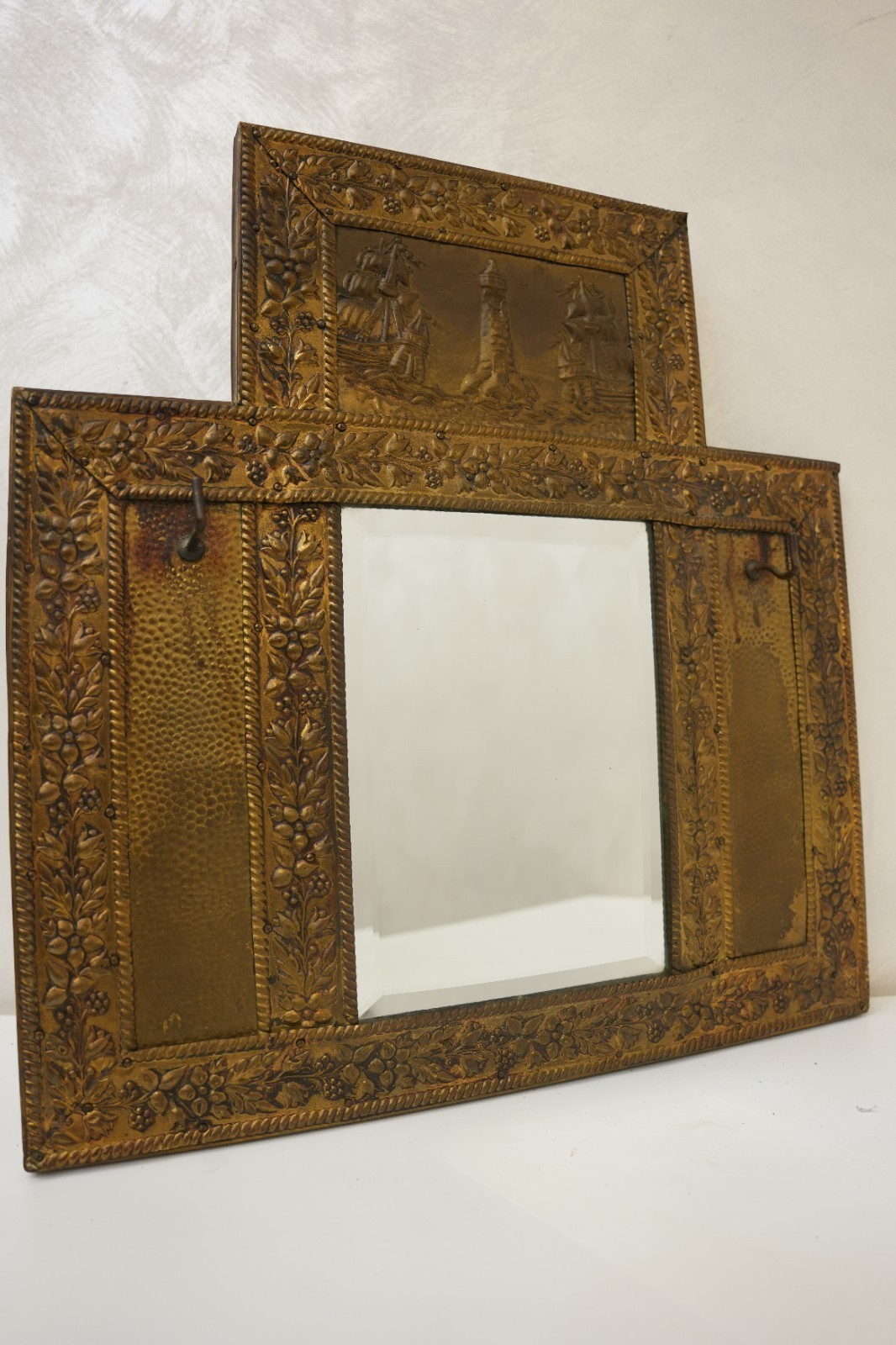 Antique Nautical Embossed Brass Mirror – Lighthouse & Tall Ships – Late 1800s