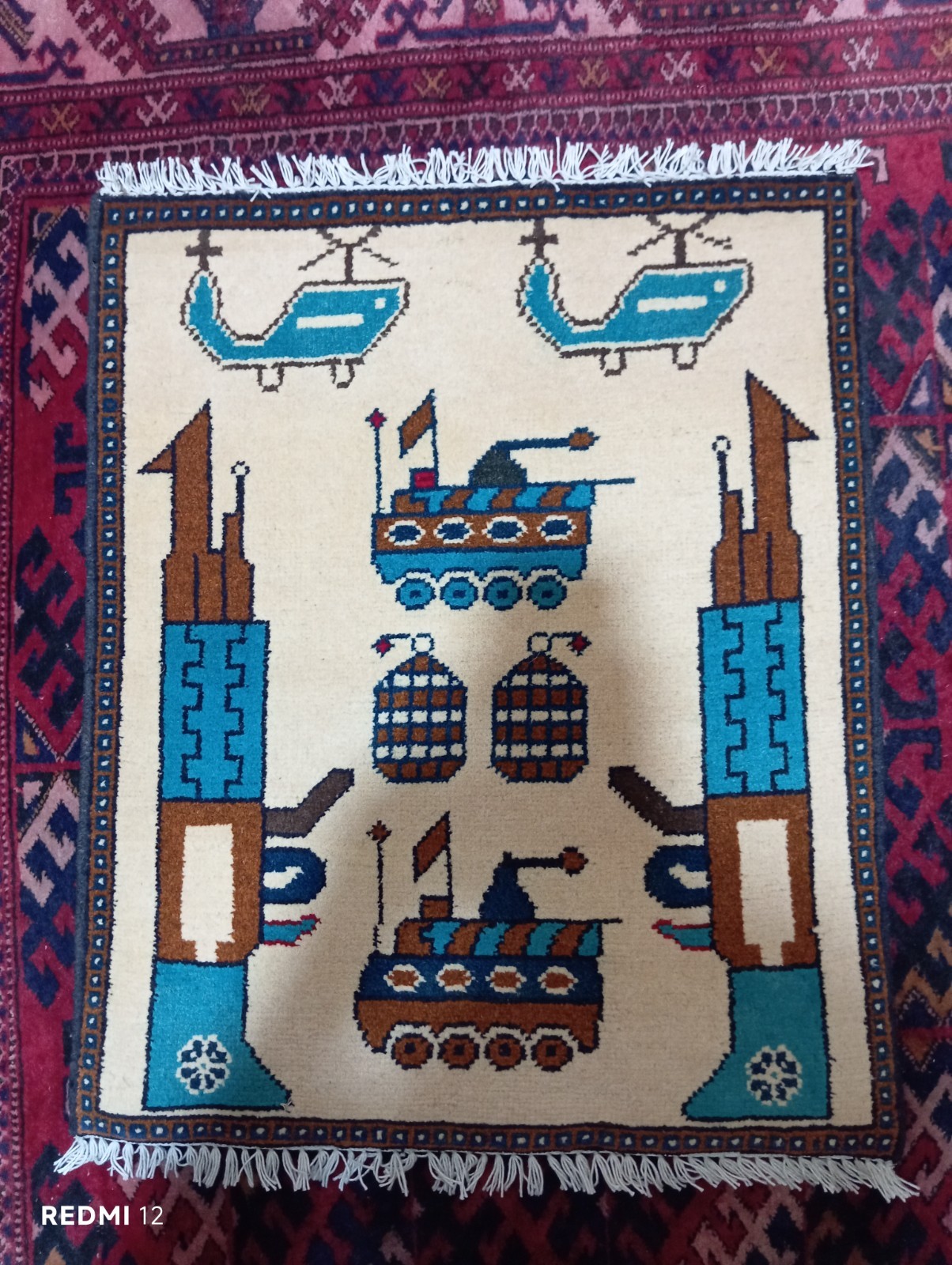 Handmade Afghan War Rug – Military Helicopters & Tanks Design – 2.4 x 1.11 ft