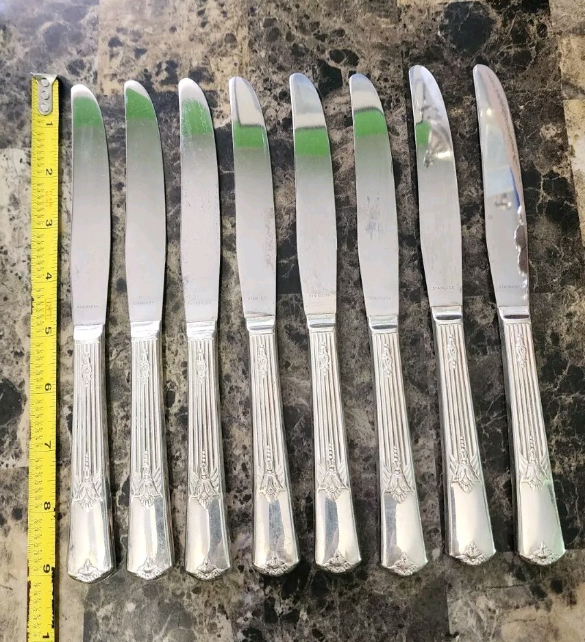 🔎LOT OF 8 ART DECO c1932 GUILD /CADENCE SILVERPLATE MODERN HOLLOW PLACE KNIVES