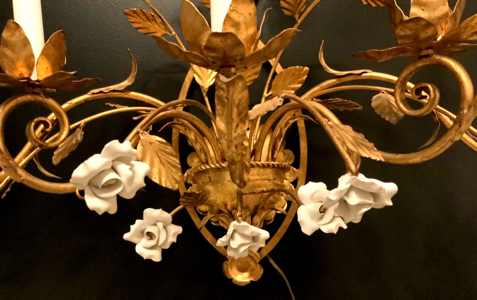 VTG ITALIAN Gold Gilt White PORCELAIN Roses Wall 5 Light SCONCE Stunning Quality