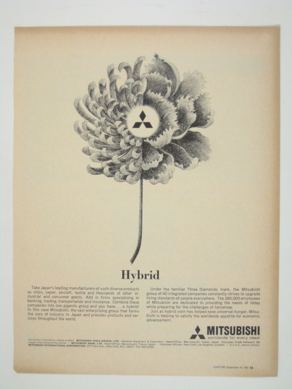 Mitsubishi Hybrid Ad Print Flower Illustration 1967 Vintage Japan Tokyo