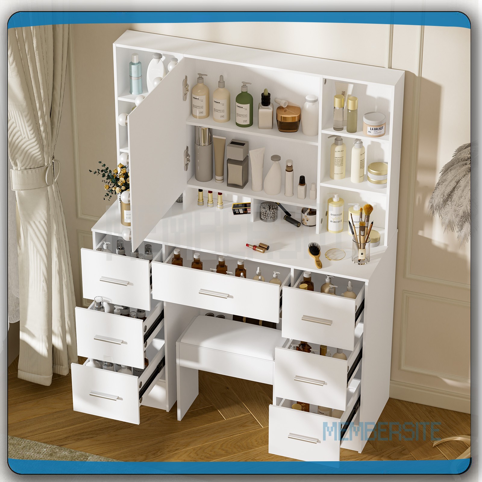Large Vanity Desk with Smart LED Mirror Makeup Vanity Table and Stool 7 Drawers