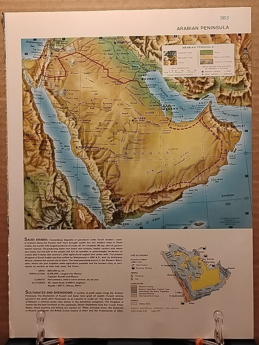 1961 Vintage ARABIAN PENINSULA Old Atlas Map Life Pictorial Atlas of the World