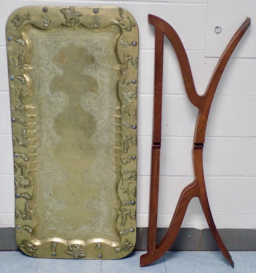 MCM Ornate Brass Tray Table w/ Spider Leg Base 47×23 Raised Animals Border Boho