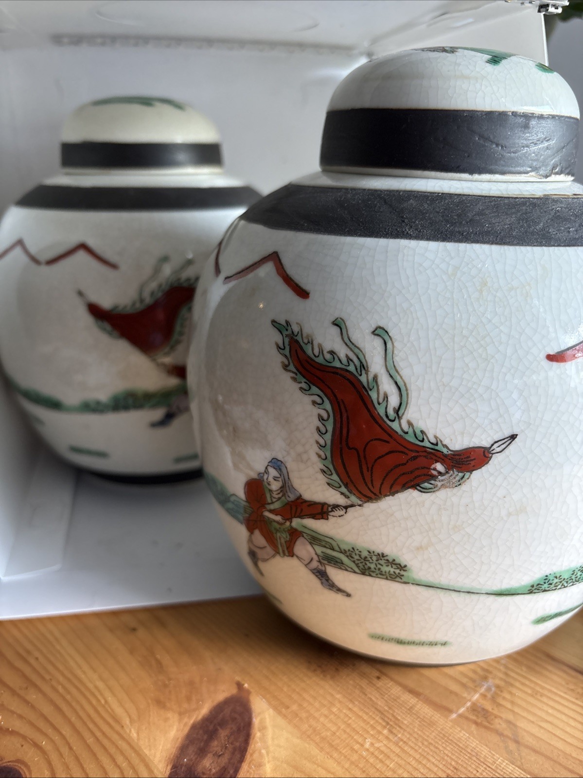 Very Large Pair Of Japanese or Chinese Oriental Porcelain Ginger Jars & lids 8″h
