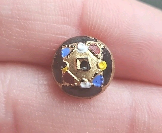 Antique Small Black Glass Button w/ Enamel Gold, Black, Red, White & Blue, 1/2″
