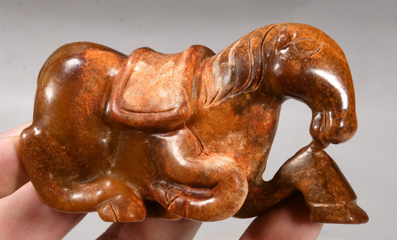3”Hongshan Culture Hetian Old Jade Fengshui 12 Zodiac Horse Animal kneel Statue
