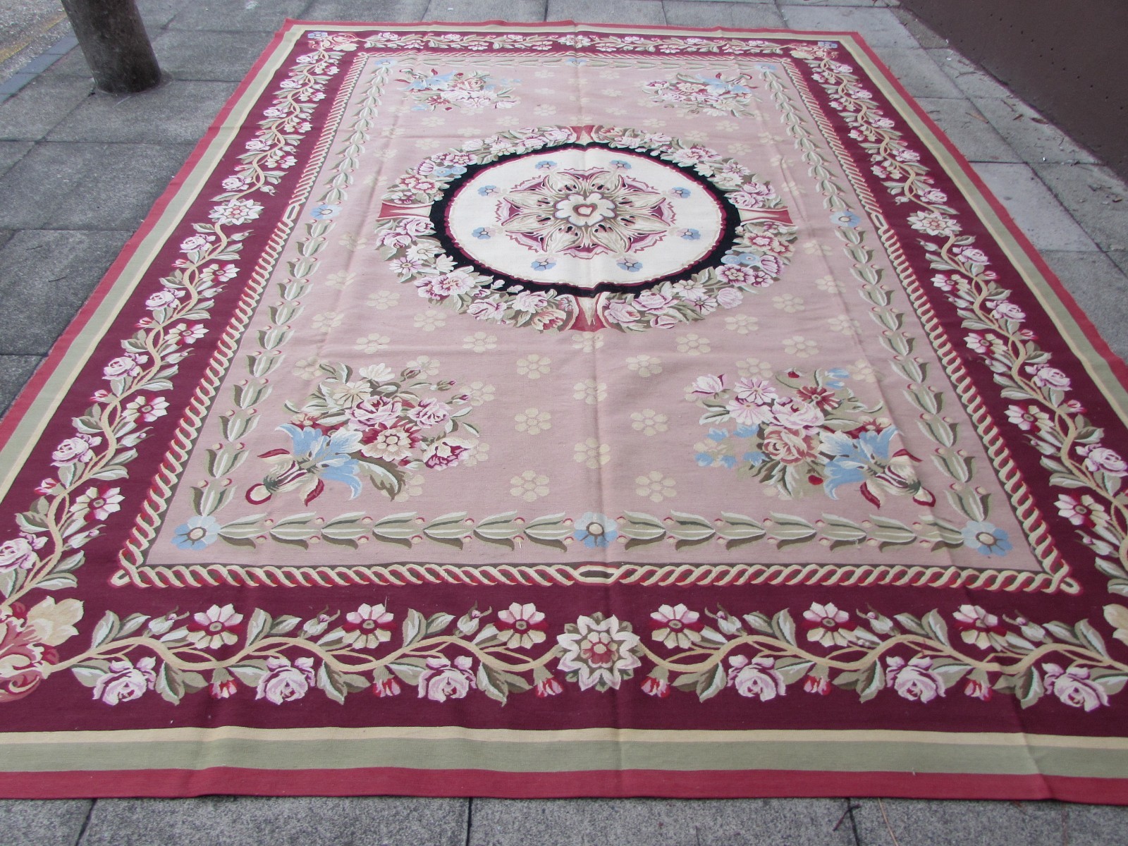 Old Hand Made French Design Wool Burgandy Mauve Original Aubusson 368X281cm