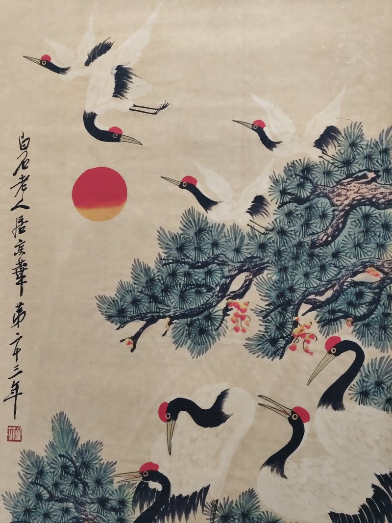 71in Chinese Painting Scroll Rice Paper Crane & Pine Tree 松鹤朝阳 By Qi Baishi 齐白石