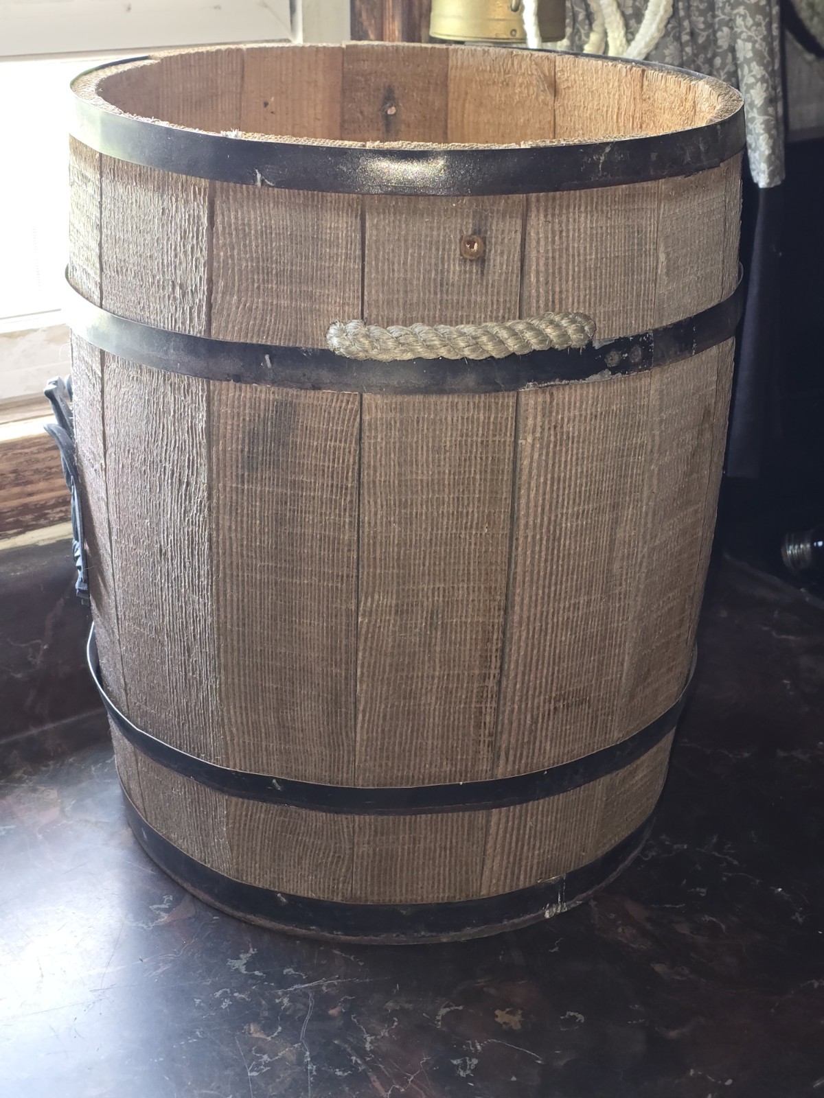 Vintage Rustic Wooden Slat Barrel With American Eagle And Rope Handles 14″ × 11″
