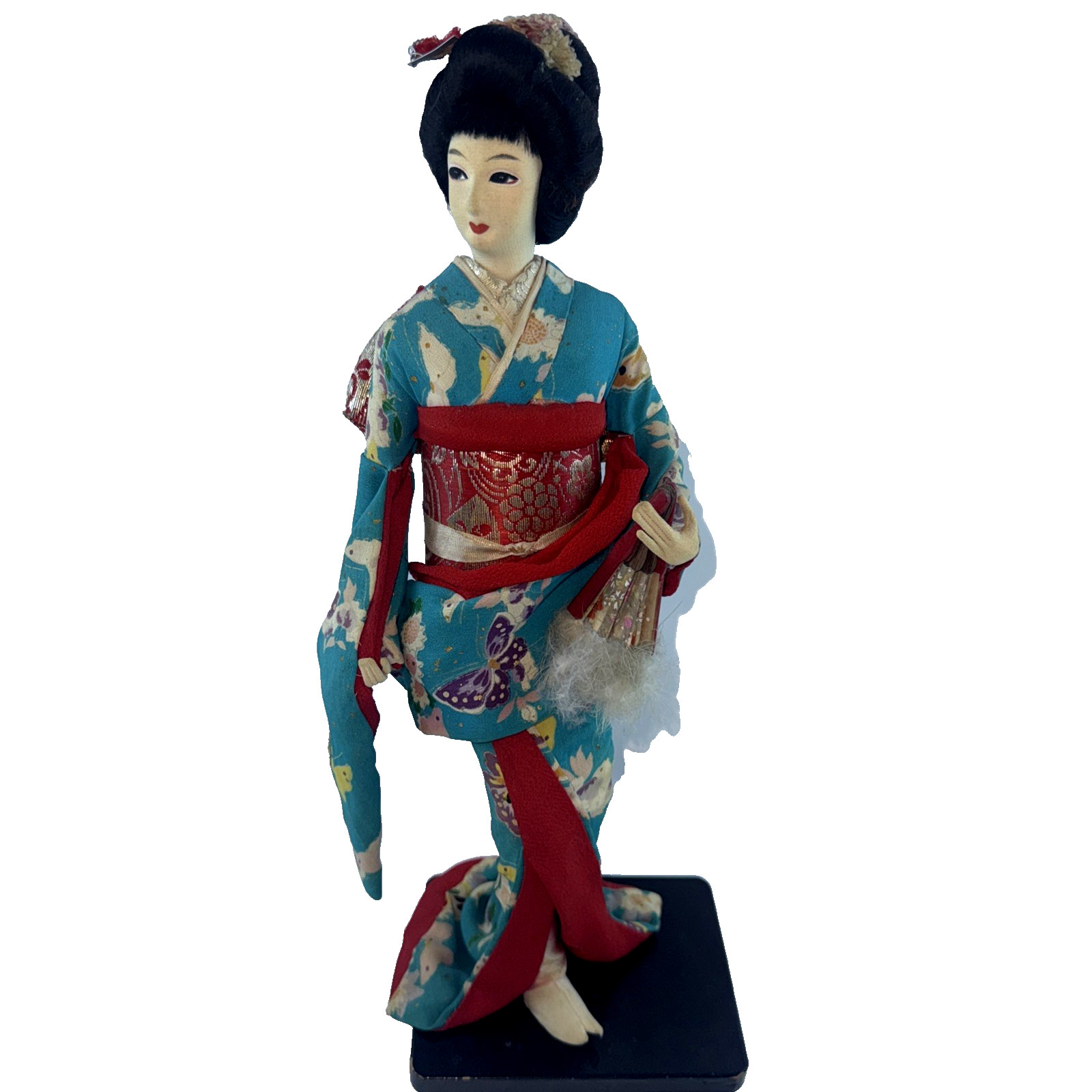 Vintage Japanese Geisha Doll Kimono Red Blue Fan Kyoto Style Display Figure