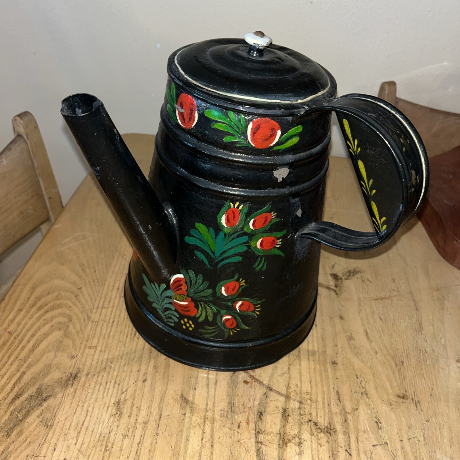 Antique Unique Primitive Painted TIN TOLE WARE Toleware COFFEE TEA POT Water Can