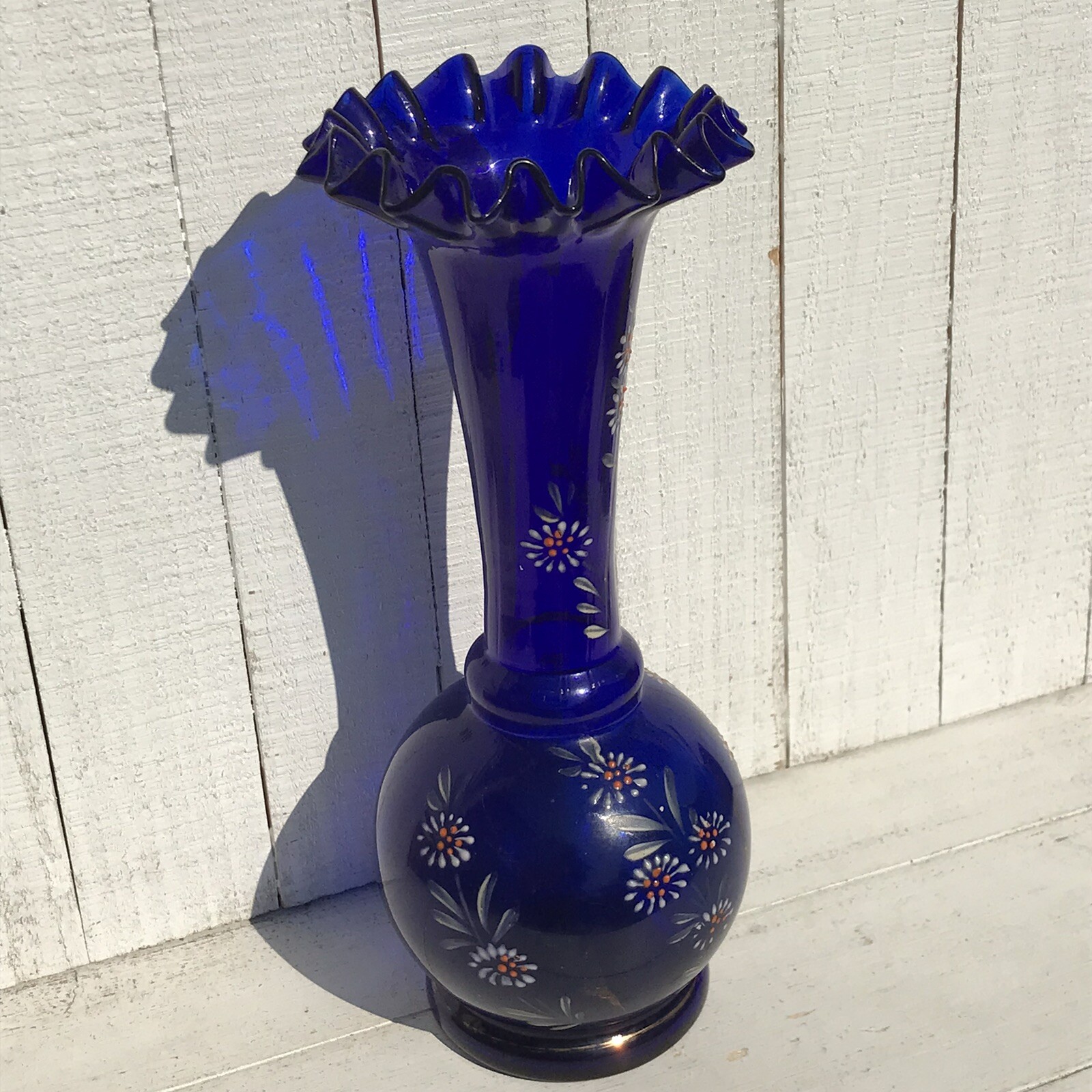 Antq Victorian Cobalt Blue Blown Glass Bulb Vase Hand Painted Gold Vtg Floral