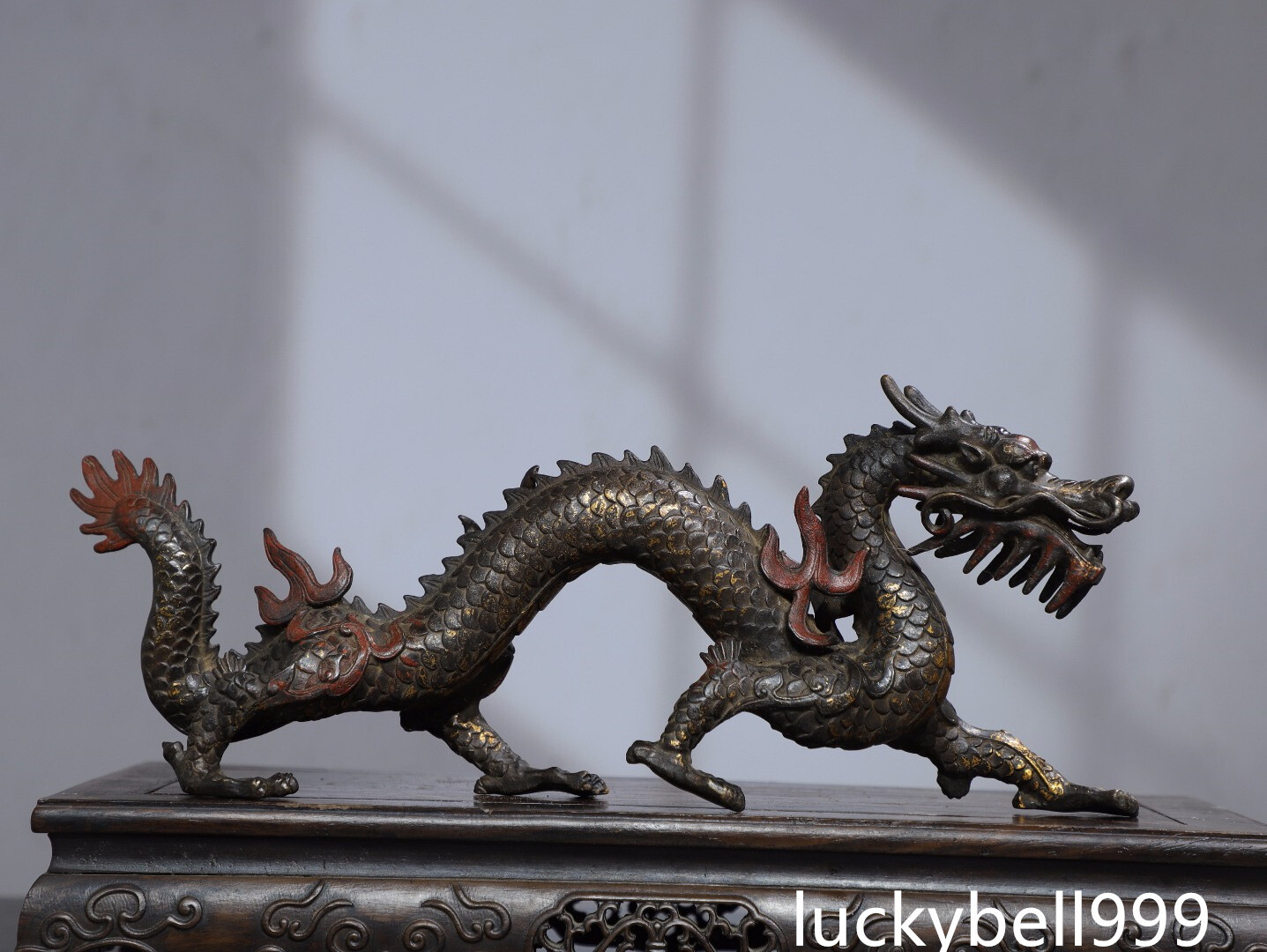 13.8″ China old Antique Handmade Qing dynasty Bronze gilt Dragon beast statue