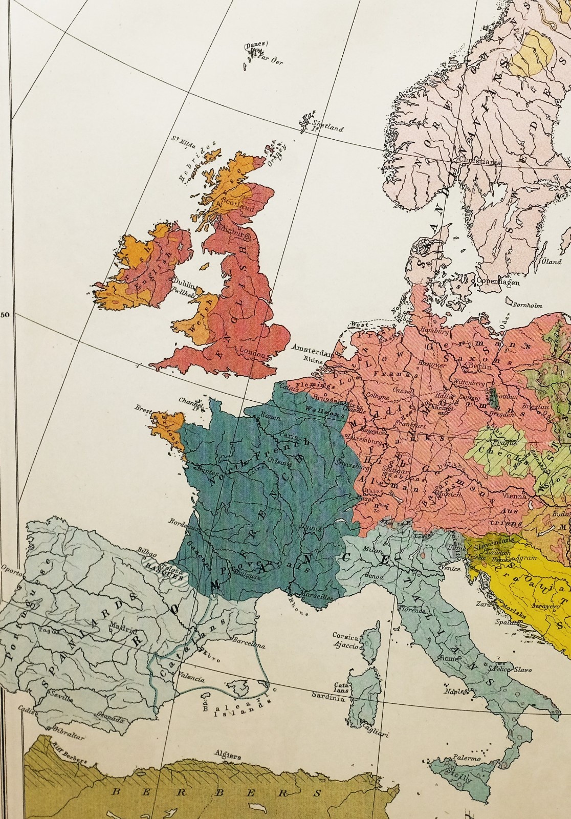 HISTORICAL MAP EUROPE ETHNOGRAPHICAL FRENCH ENGLISH SCANDINAVIANS BULGARIANS