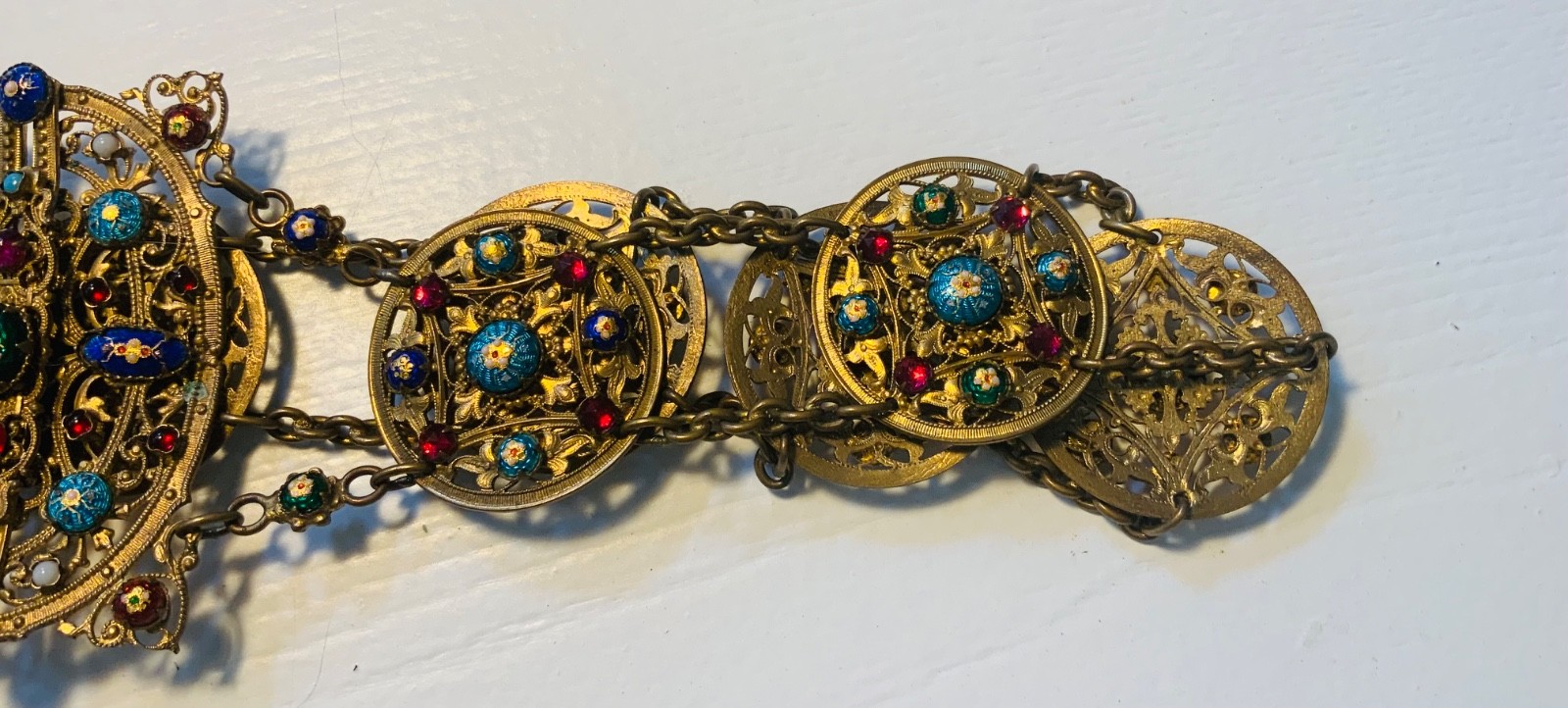 STUNNING! EXTREMELY ORNATE Antique BRASS*JEWELED*ENAMEL*FRENCH*Vanity CHATELAINE