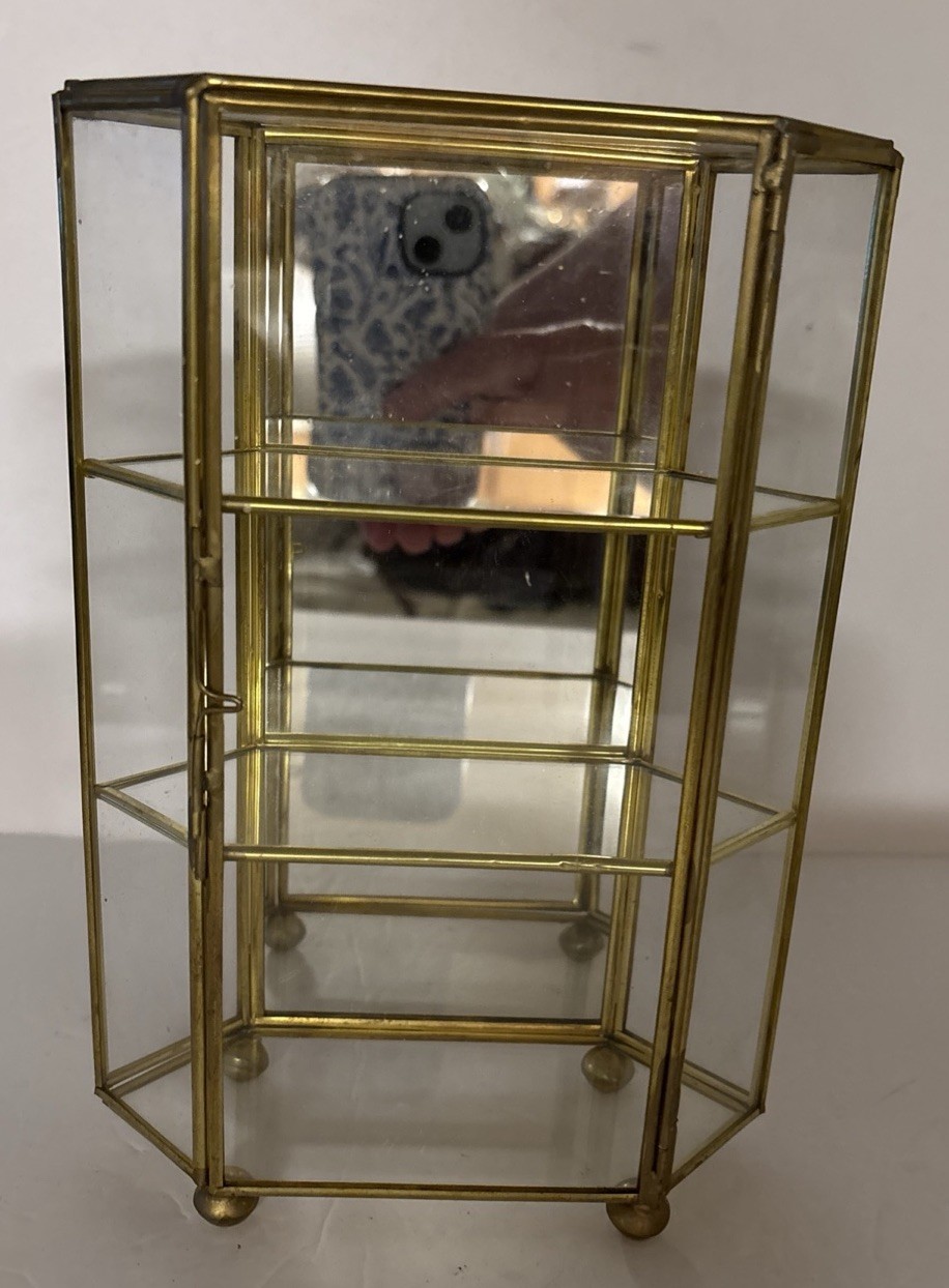 Vtg Glass With Brass Tabletop Curio Cabinet 3 Display Shelf 9” T Mirrored Back