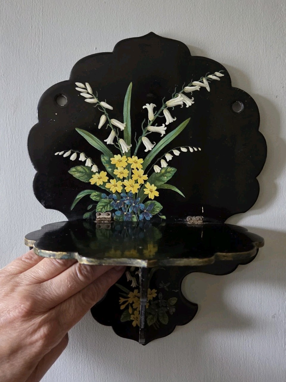 Antique Victorian Black Painted Floral Walll Bracket Shelf Foldable