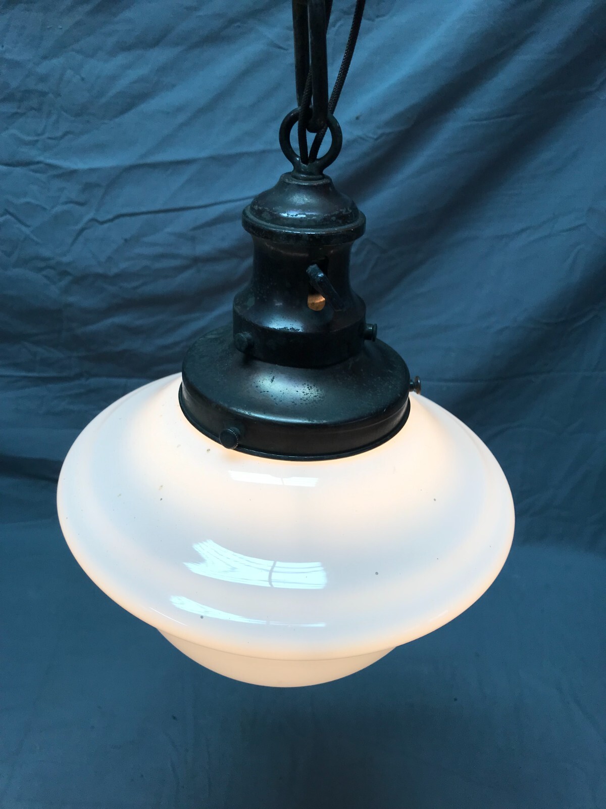 Antique 9″ Schoolhouse Bank Ceiling Light White Glass Globe VTG Bronze 295-23B