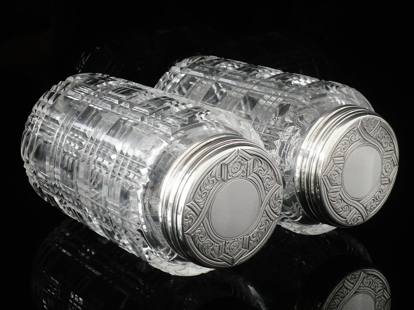 Pair Sterling Silver Glass Bottles, William Neale, London Antique 1867