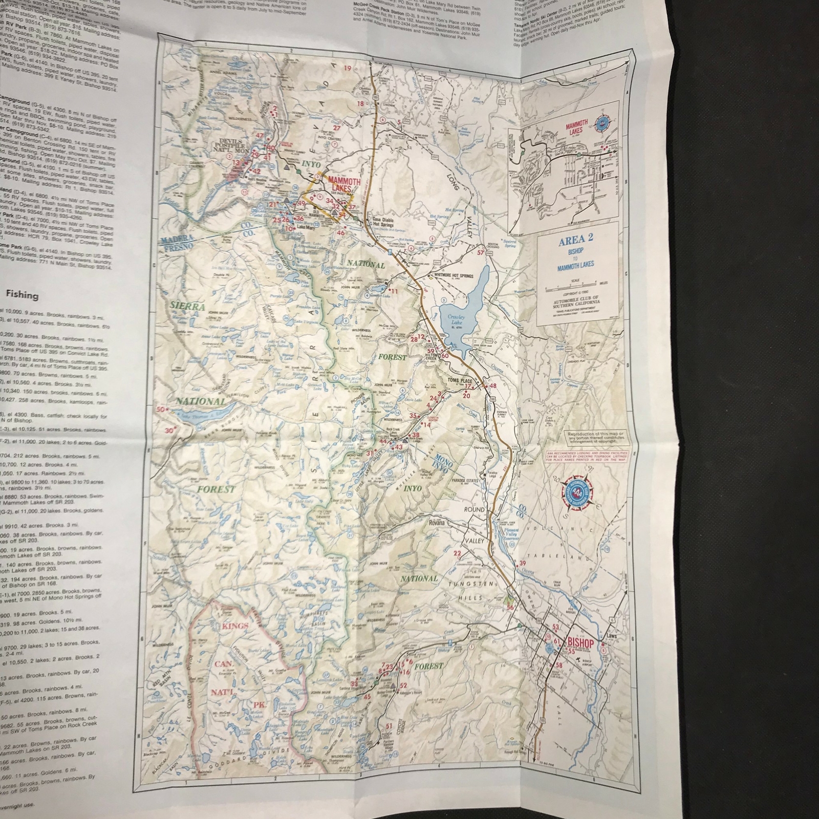 Eastern Sierra Bishop Mammoth Lake White Mountain Area AAA 1990 Travel Guide Map