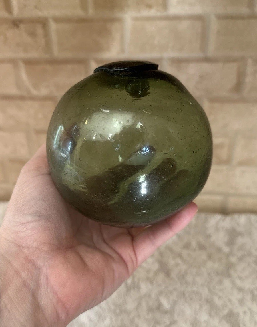 Vintage Japanese Glass Fishing Float Olive Green Net Buoy Nautical Decor