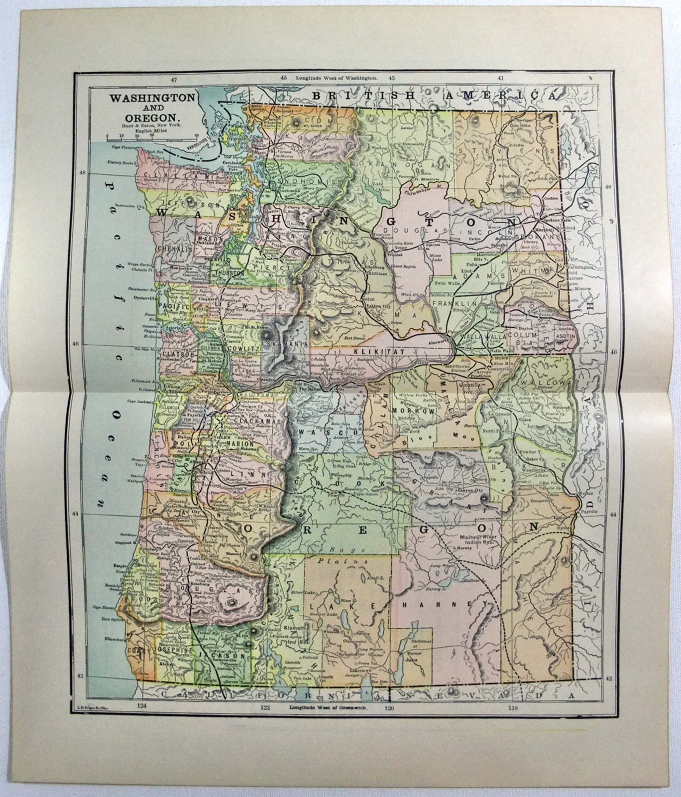 Washington & Oregon – Original 1891 Map by Hunt & Eaton. Antique