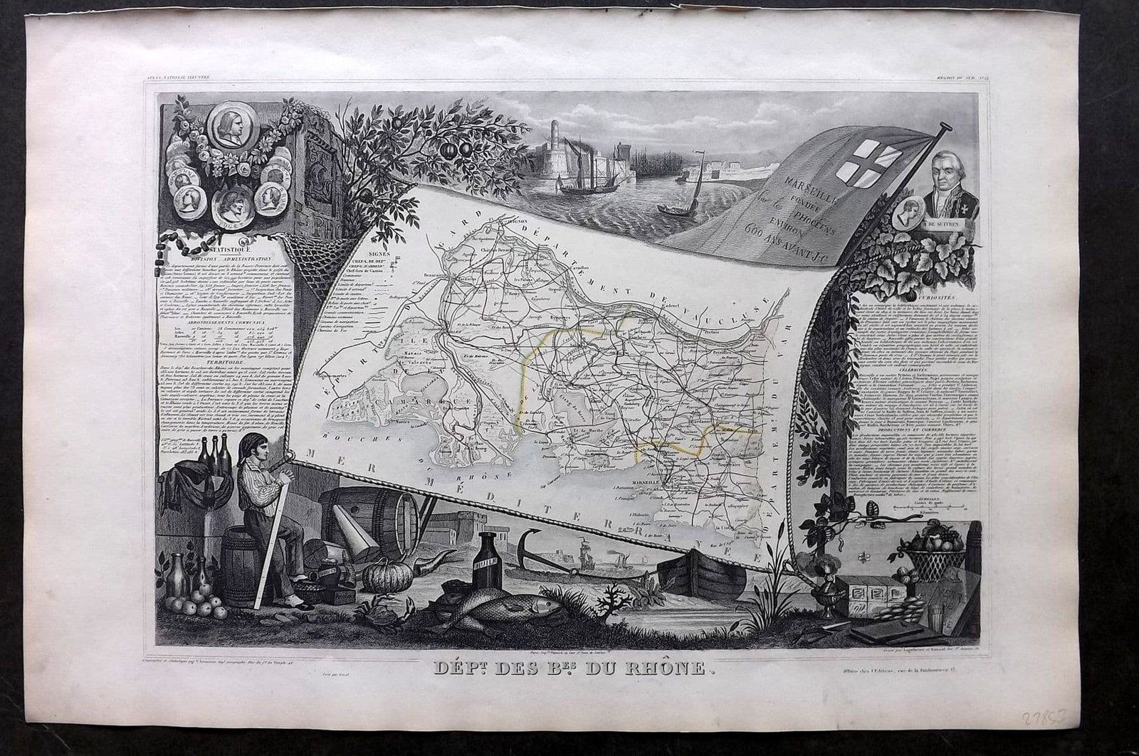 Levasseur 1852 Antique Map. Dept des Bes du Rhone, France