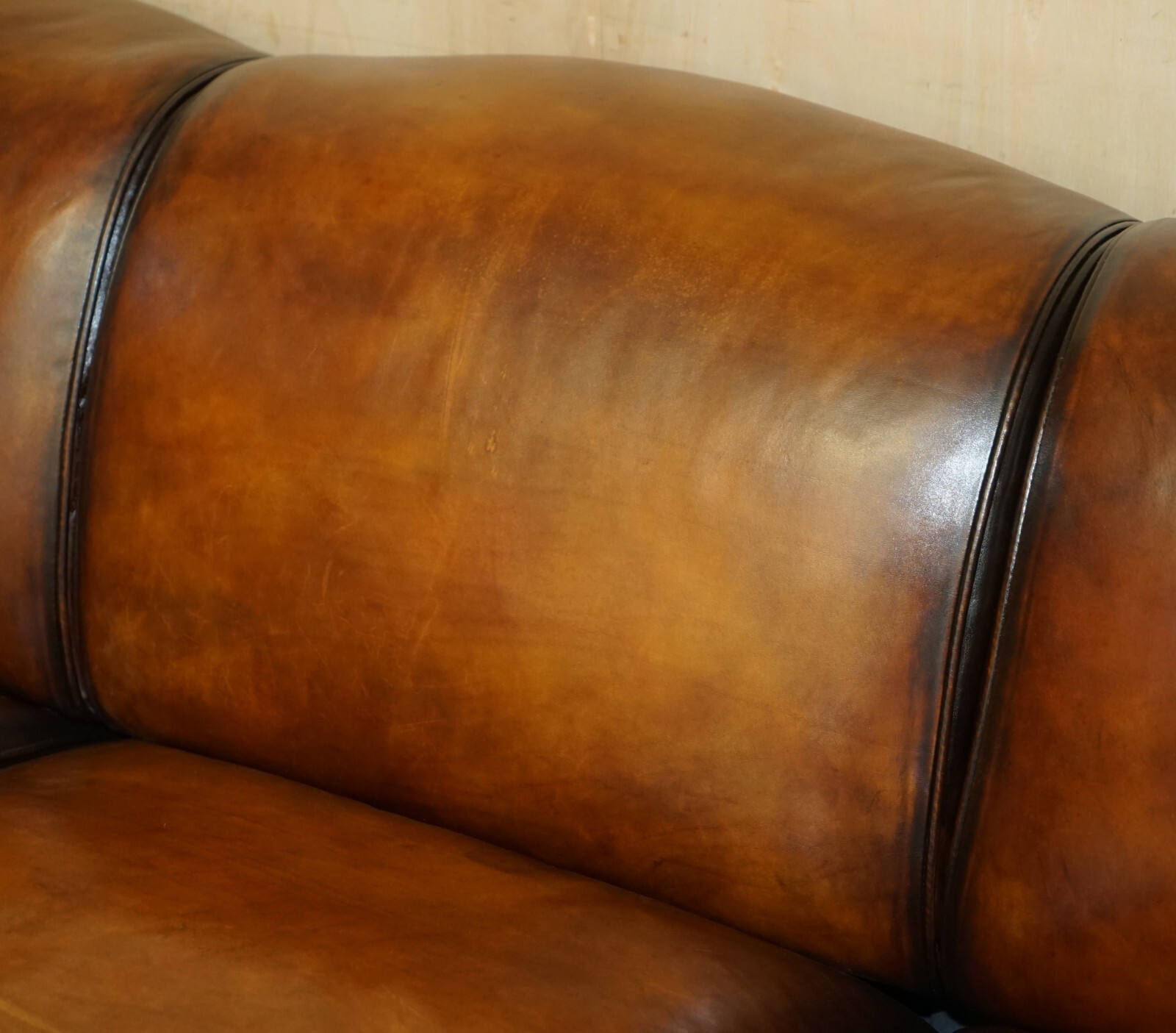 1 OF 2 LARGE GEORGE SMITH HOWARD & SON’S BROWN LEATHER SIGNATURE SCROLL ARM SOFA