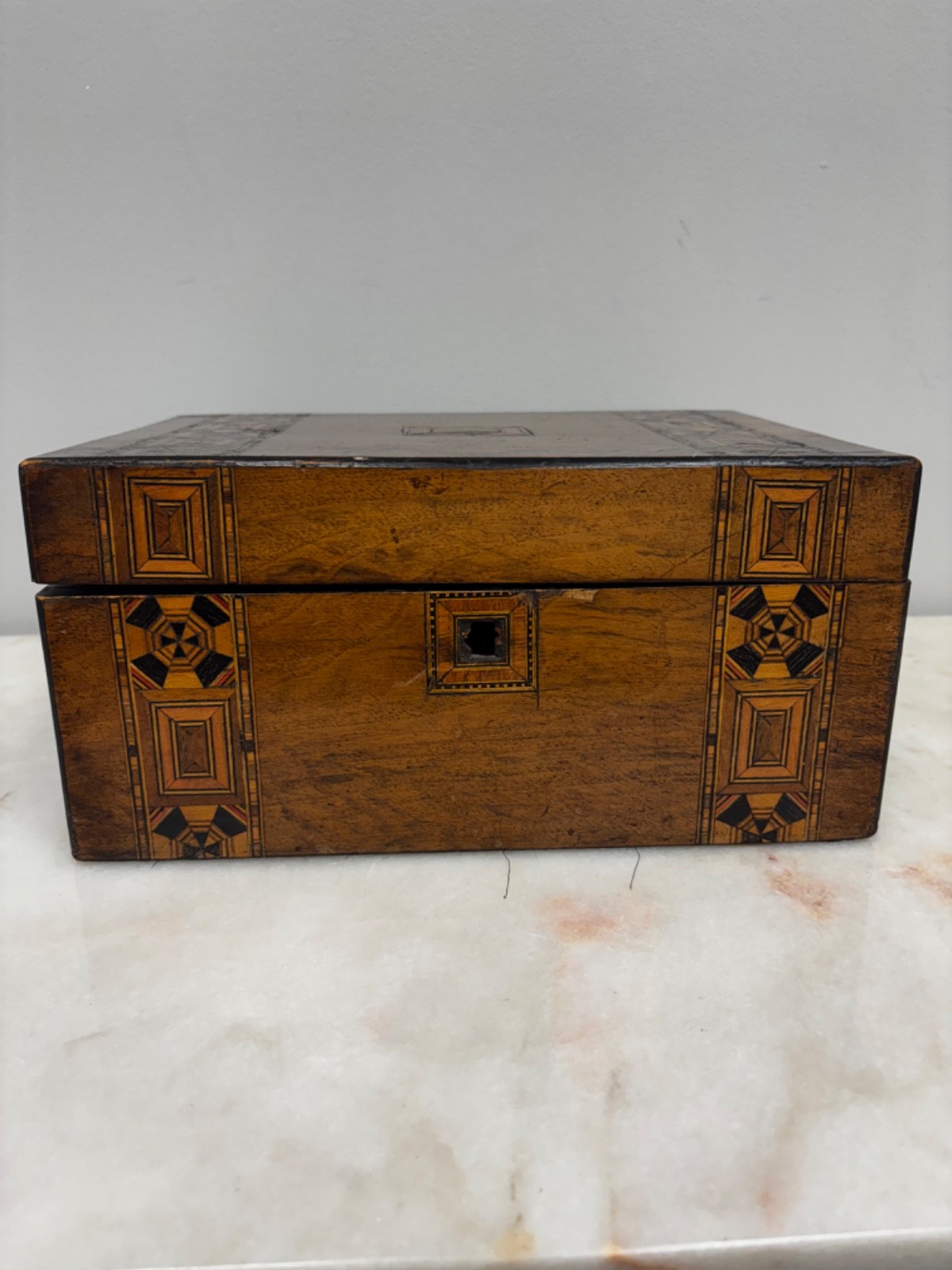 Antique 19thC Tunbridge Ware Wooden Work Box Geometric Parquetry 184