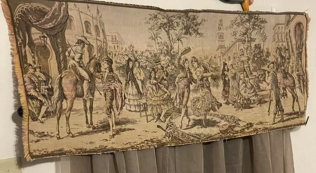 ANTIQUE TEXTILE SCENIC PANEL WEAVED SPANISH FLAMINGO DANCERS TAPESTRY 19 X 56”