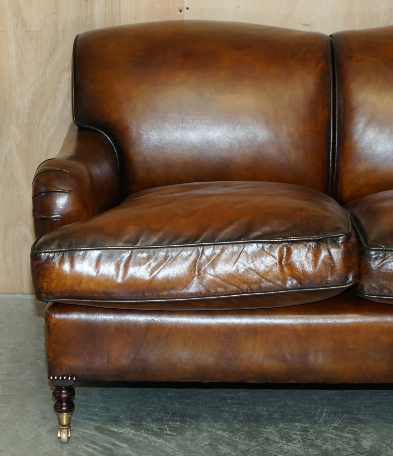 1 OF 2 LARGE GEORGE SMITH HOWARD & SON’S BROWN LEATHER SIGNATURE SCROLL ARM SOFA