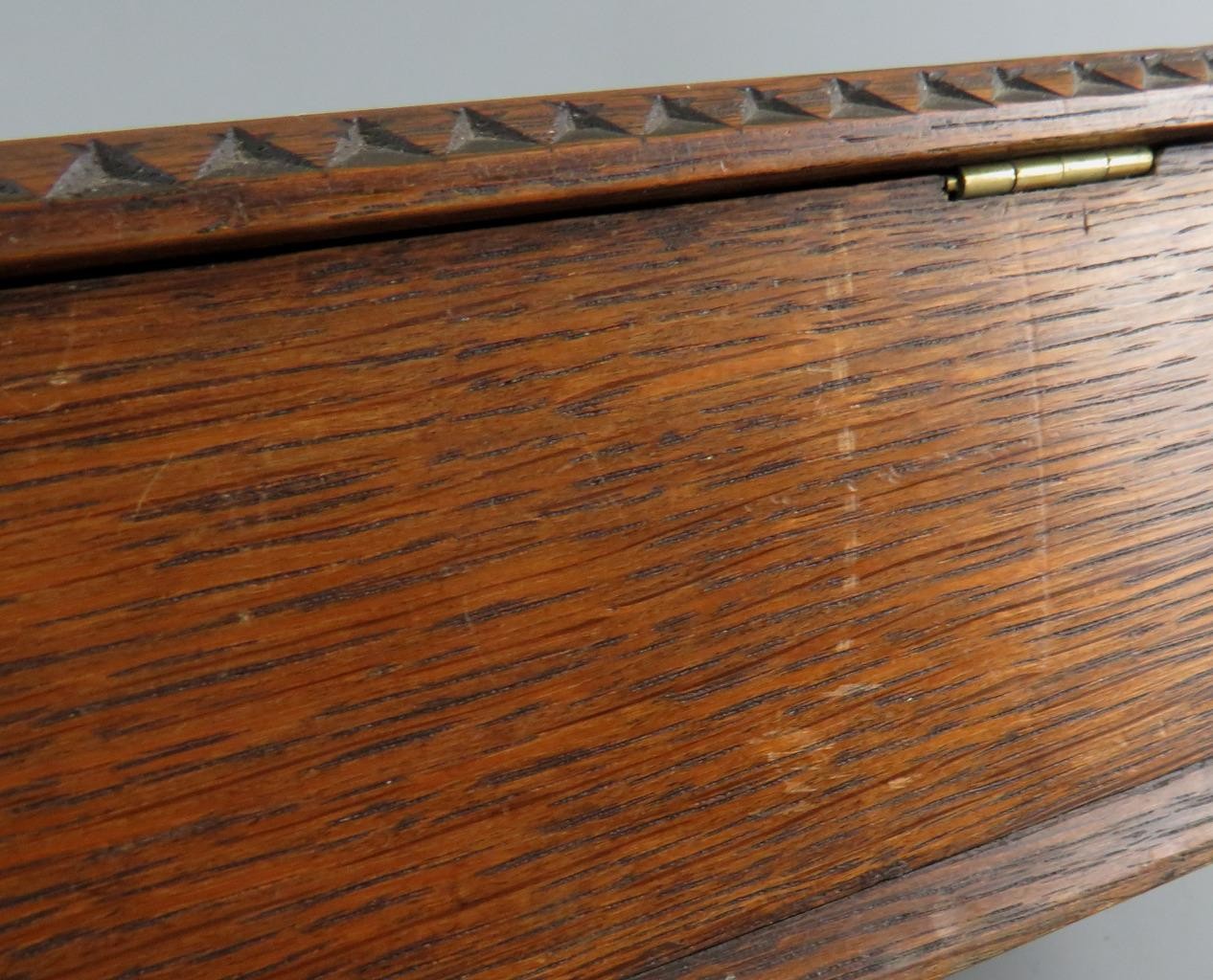 Antique 19th C. Solid Oak Chip Carved Rectangular Wooden Glove Box 12″