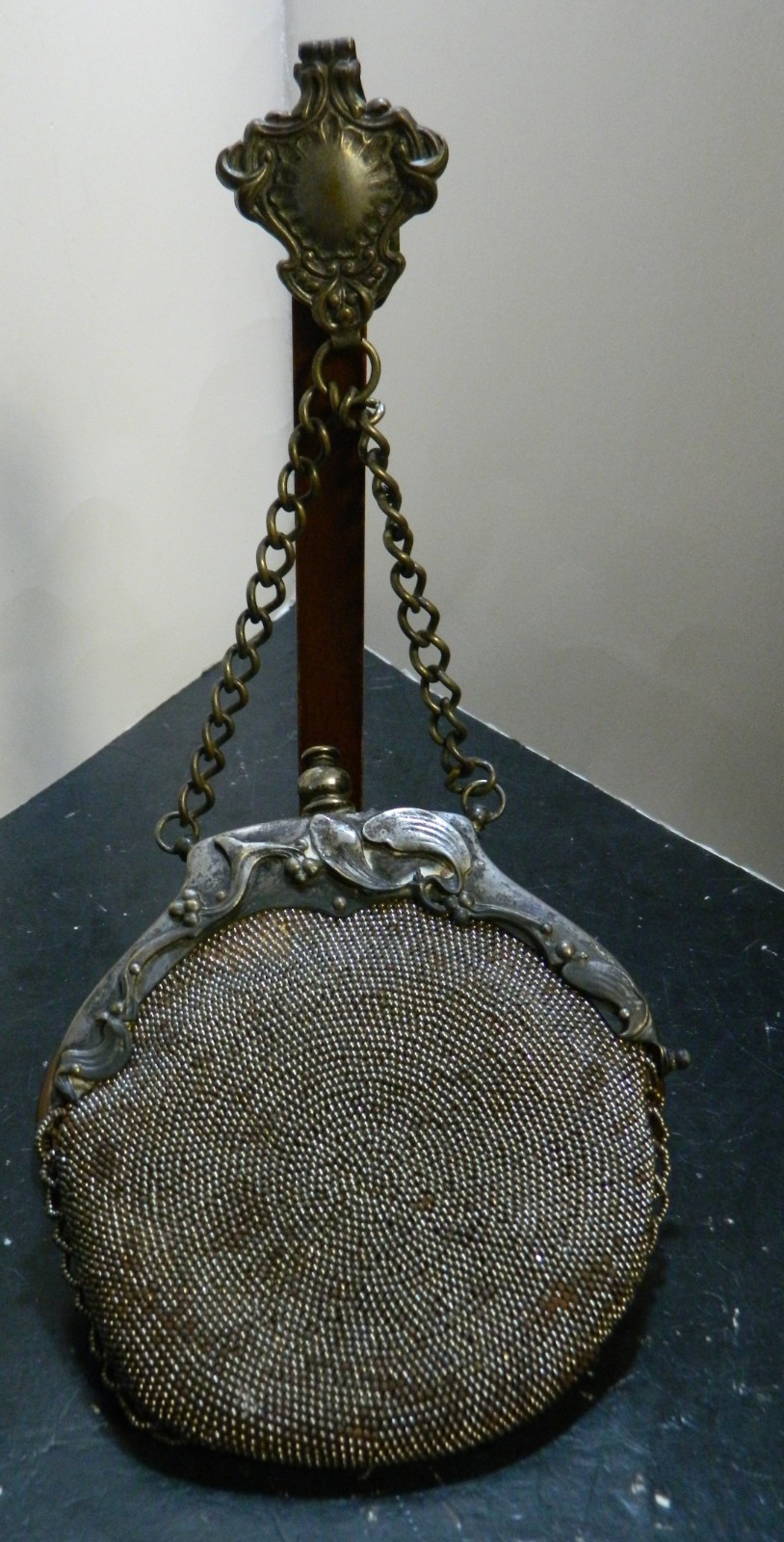 Antique Art Nouveau Beaded Waist Purse, Leather Back 11.75″x5.25″ Good