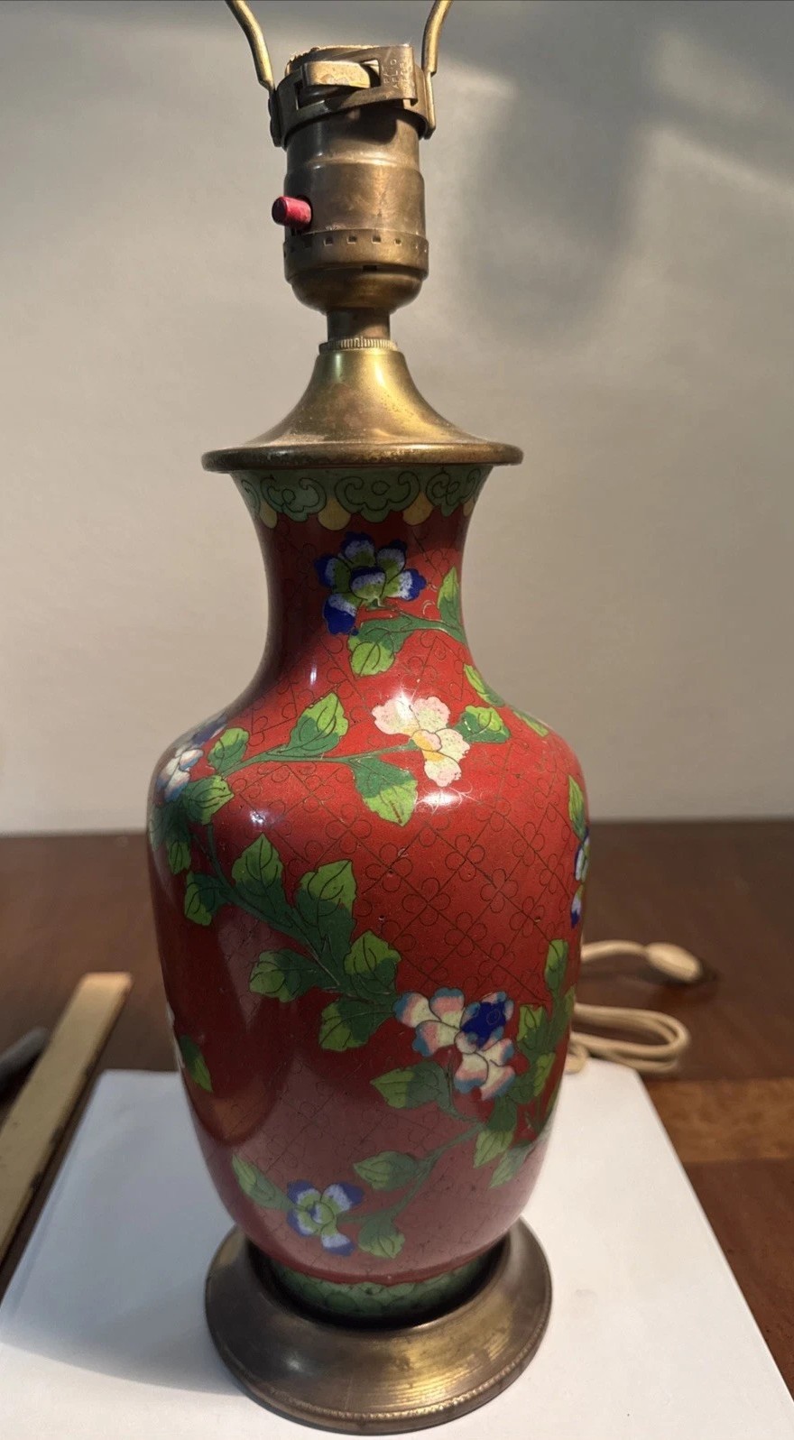Antique Orange Cloisonne Lamp Gingerbread Jar Table Lamp Brass Flowers Works