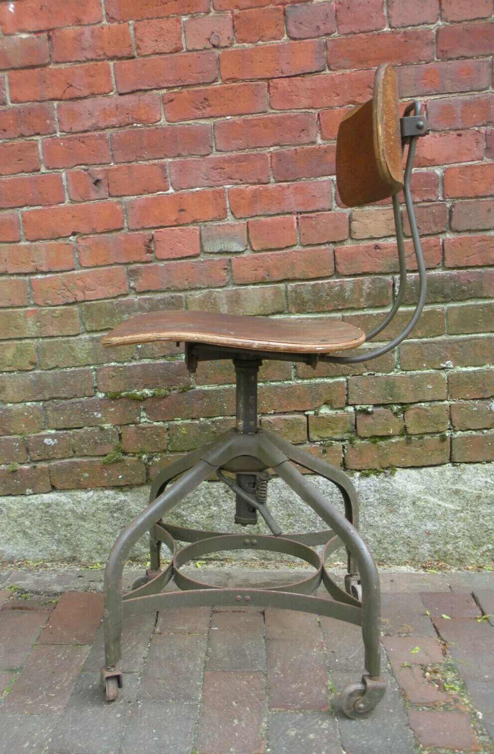 Vintage Antique Drafting Industrial Toledo Metal Steel Wood Stool Chair Oak