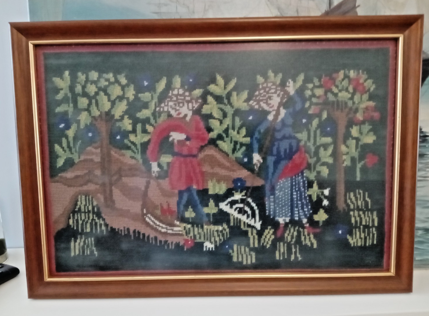 Vintage Framed wool-work tapestry Panel 32cm x 45cm