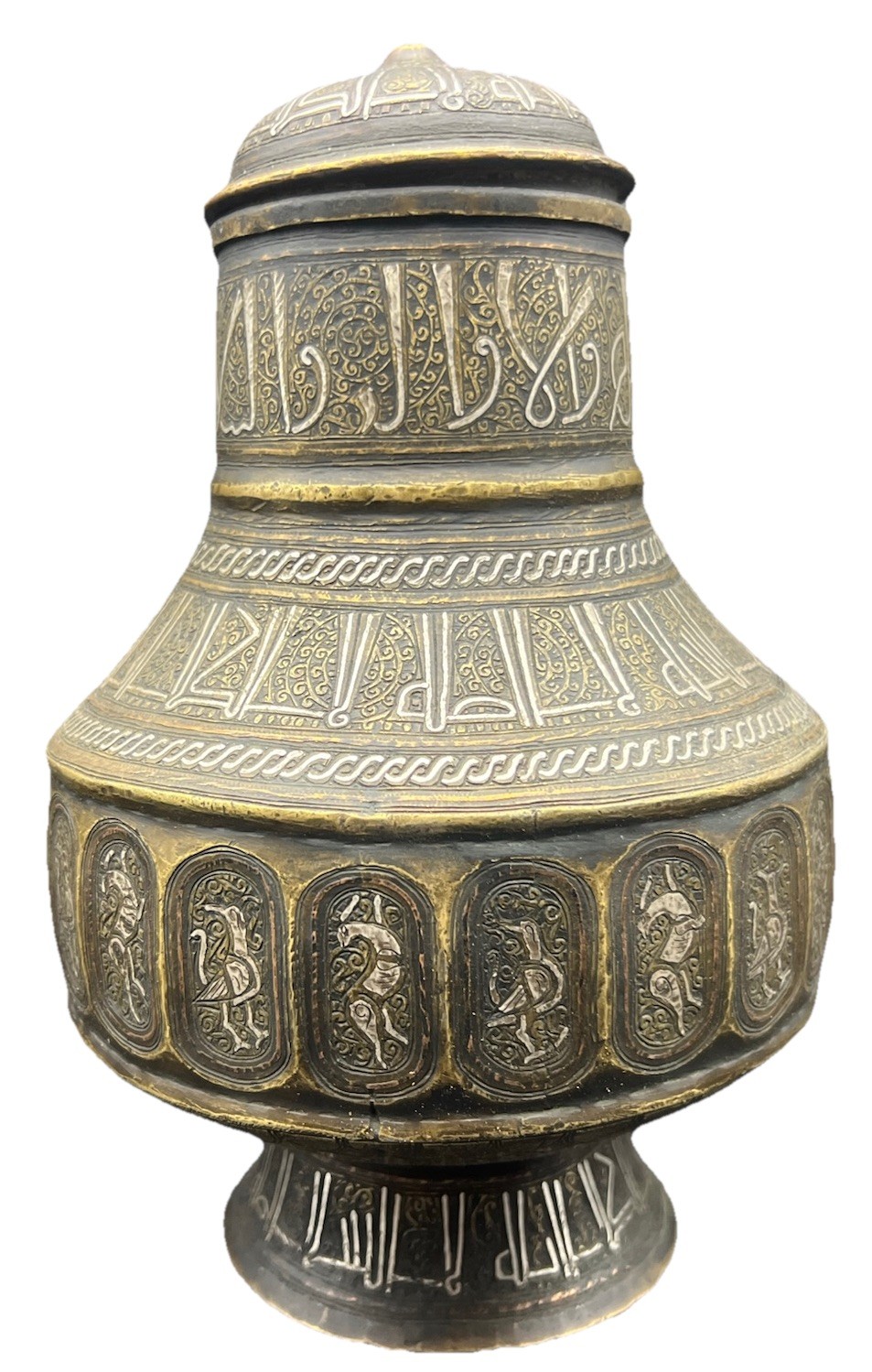Middle Eastern Islamic Art Bronze Vase Silver Inlaid Arabic Calligraphic 1800
