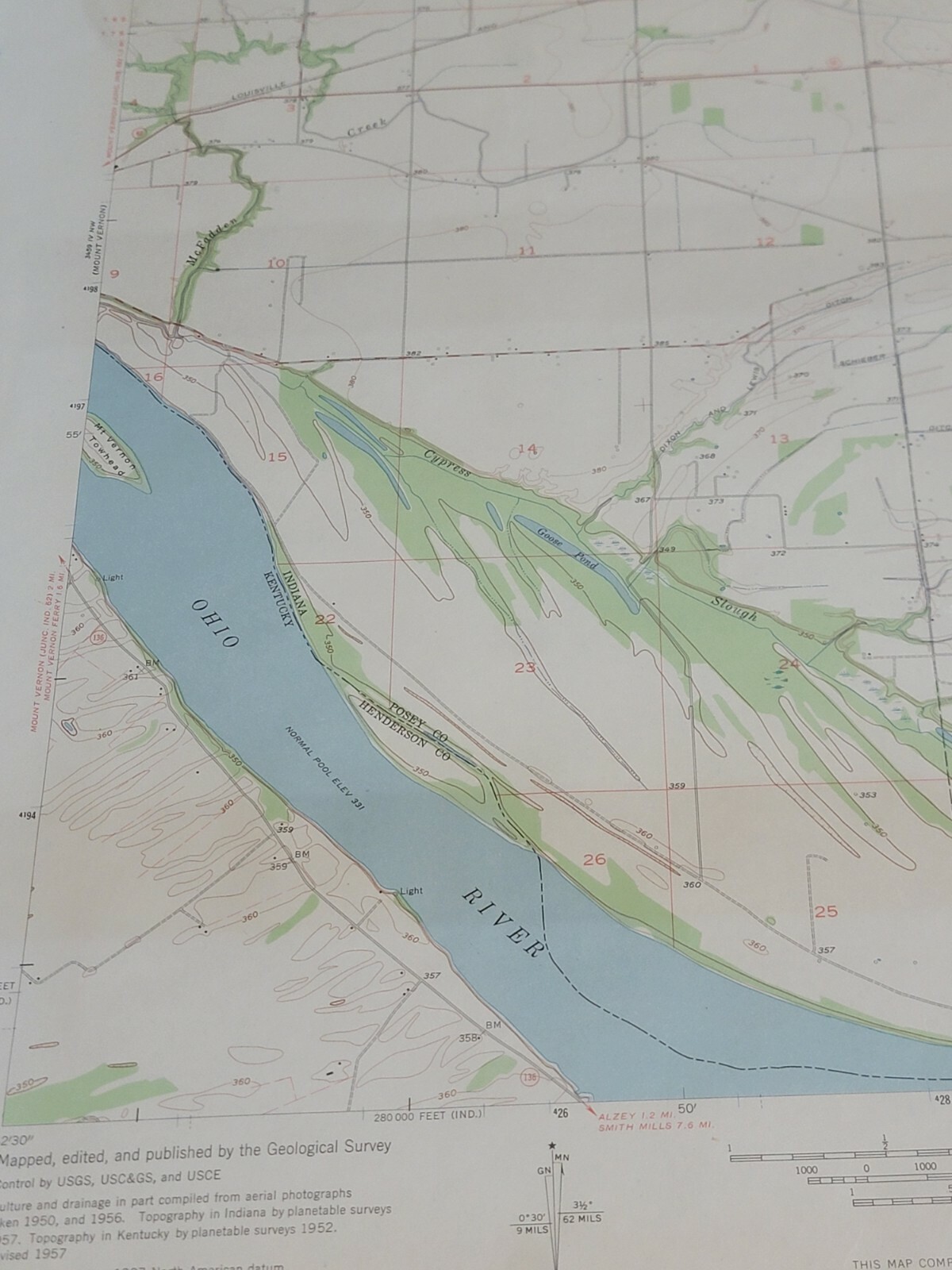 Vintage 22″ x 27″ 1957 Topo Map Caborn Mars Evansville IN Posey County Indiana N