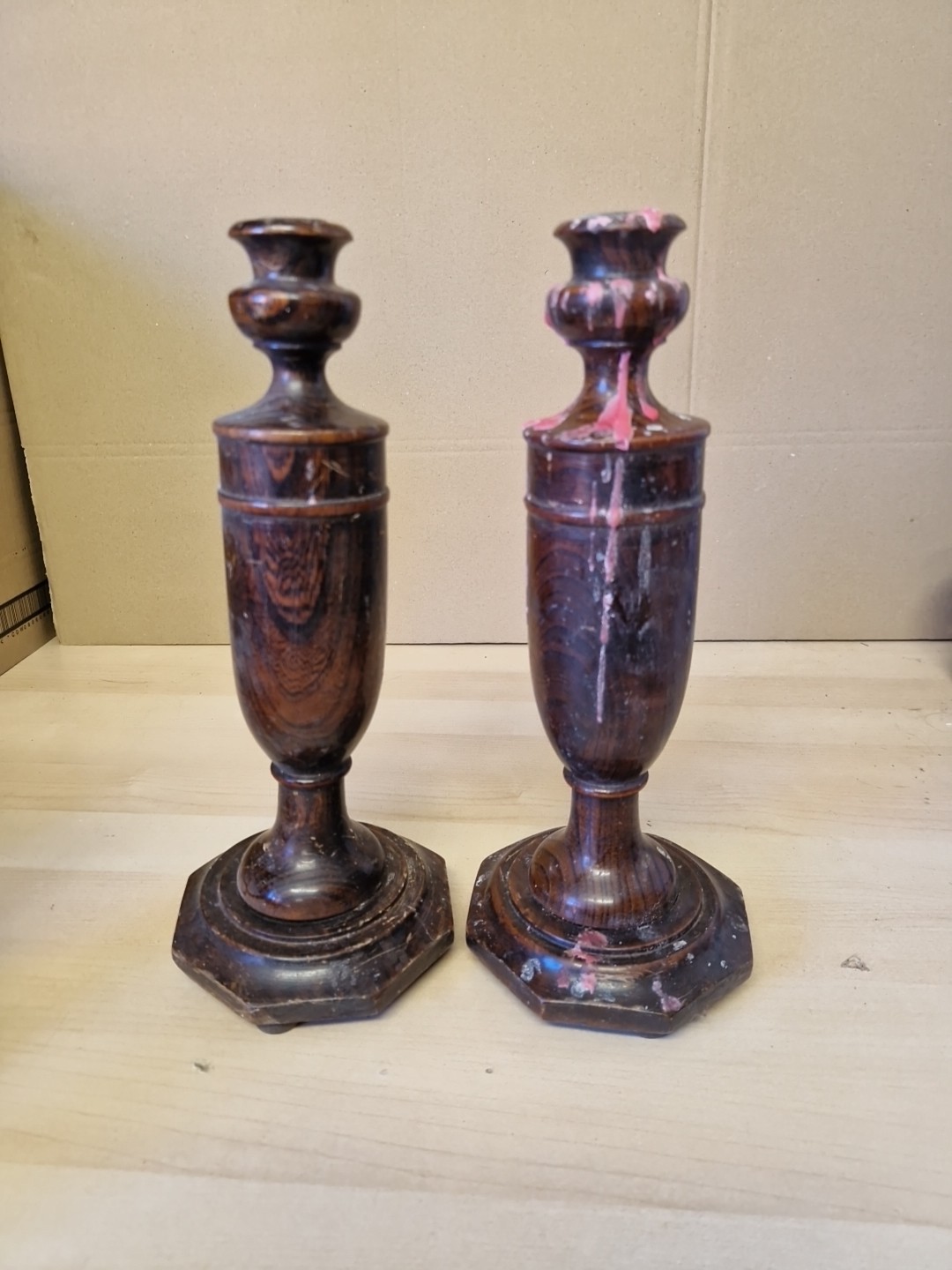 Antique pair of turned wood candlesticks 29cm Tall